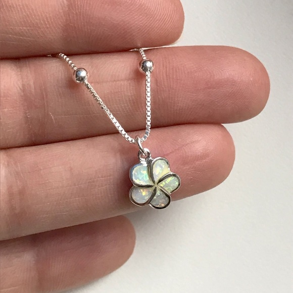 Sterling Silver Opal Plumeria Flower Anklet - Picture 3 of 8
